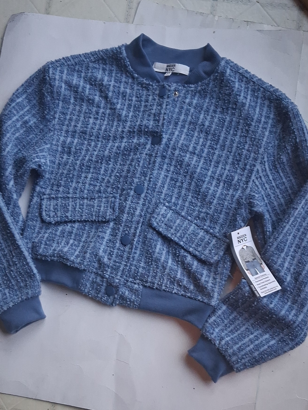 Modern Blue Bouclé Bomber Jacket by Madden NYC
